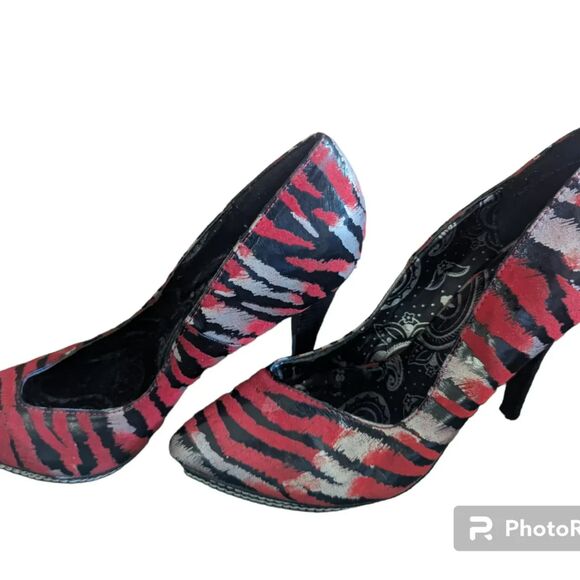 DOLLHOUSE Stiletto KINNAH Leopard / Tiger Pink-Red Black 4.5" heel - Picture 2 of 5